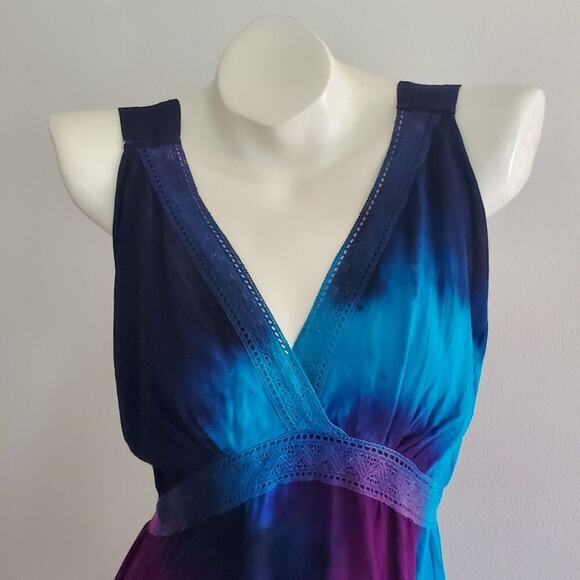 Vintage Sleeveless Empire Waist Tie Dye Blouse V Neck Crochet Lace Boho Hippie - Picture 4 of 14
